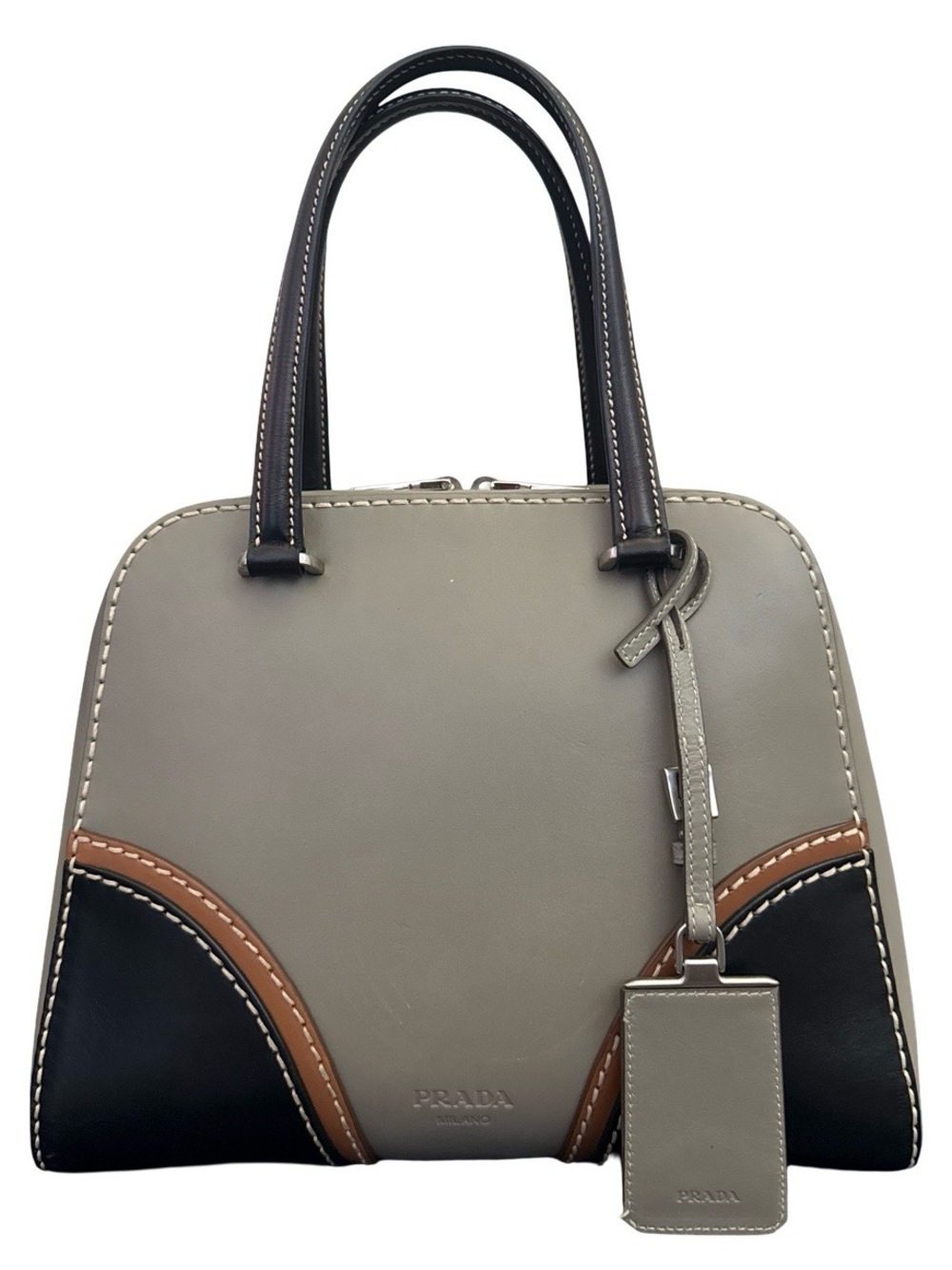 Prada Milano Gray Leather Satchel Bag Colorblock Navy Tan Top Handle Purse Italy
